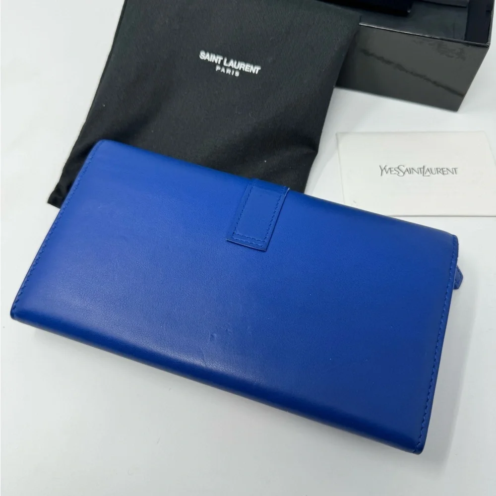 Saint Laurent Y-Chyc Authentic Royal Blue Leather Zip Wallet – Gold “Y” Hardware